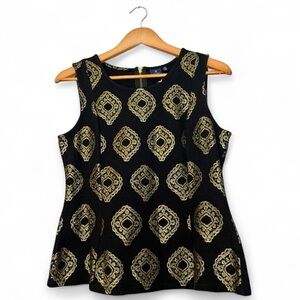 Kaari Blue Black Gold Peplum Sleeveless Top Women’s Medium Elegant Blouse NWOT